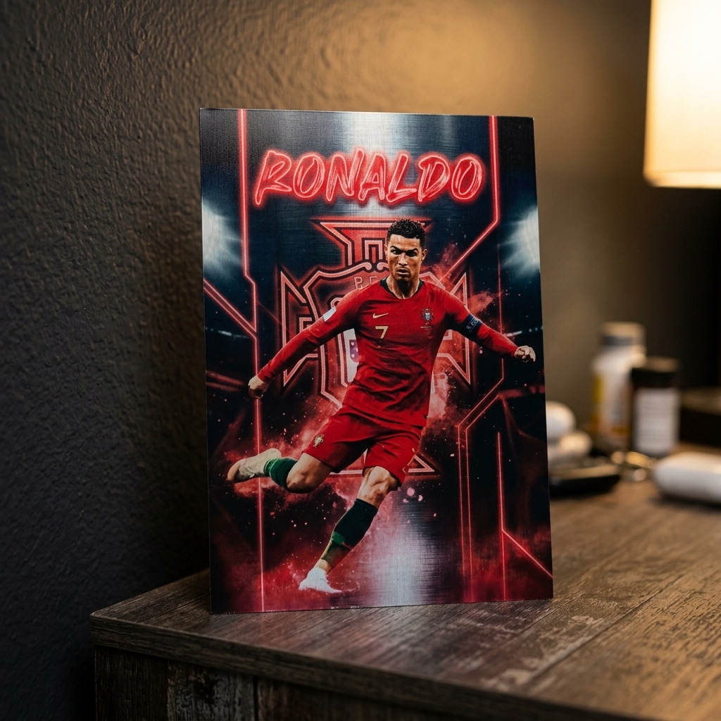 Cuadro metálico de Ronaldo en habitación